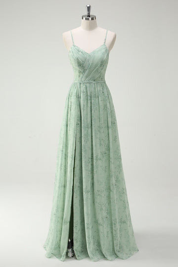 Floral Dusty Sage A Line Cut Out Bridesmaid Dress with Slit